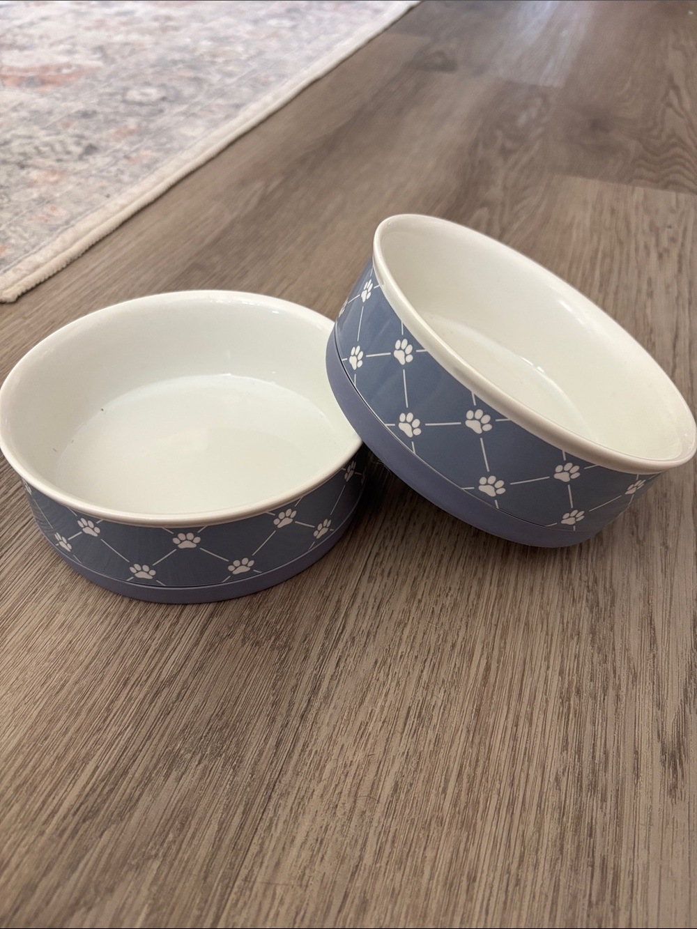 Blue Ceramic Pet Bowls with White Paw Print Pattern